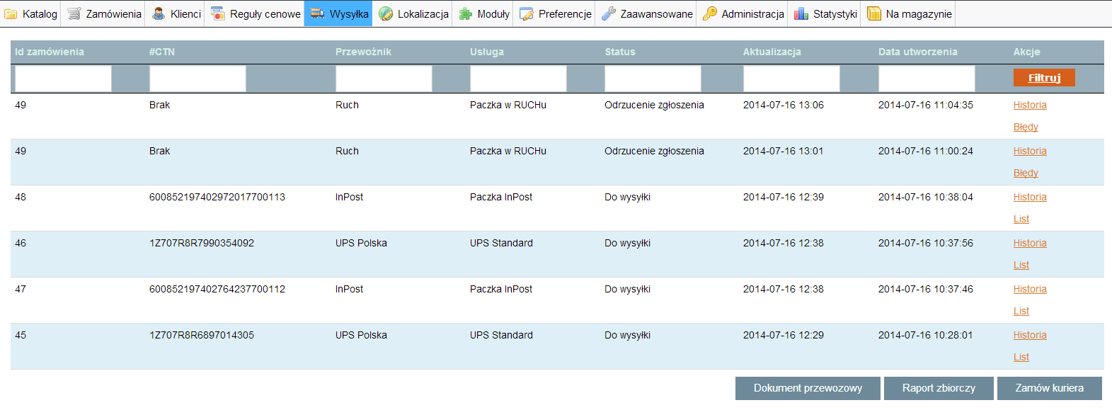 9.6 Zarządzanie tabelą z przesyłkami z panelu administracyjnego sklepu PrestaShop Tabela przesyłek to element panelu PrestaShop, który umożliwia podgląd wszystkich przesyłek tworzonych na podstawie