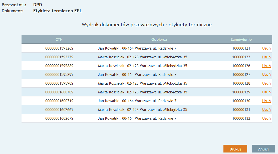 9.7.1 Drukowanie dokumentów przewozowych Przycisk takich jak DPD, UPS czy Ruch.