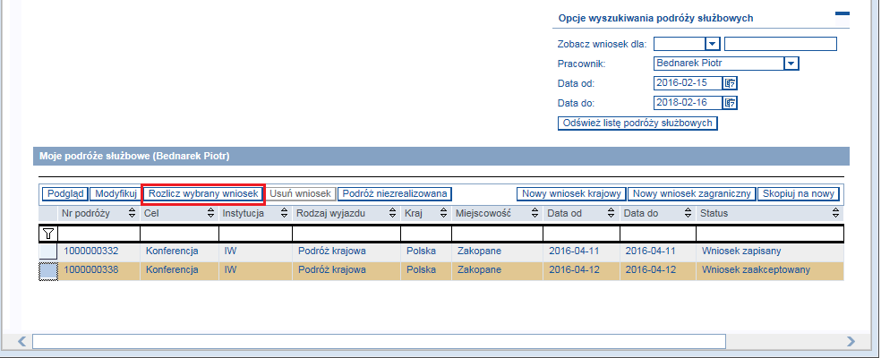 2. W celu rozliczenia wniosku o podróż krajową, należy znaleźć i zaznaczyć wniosek