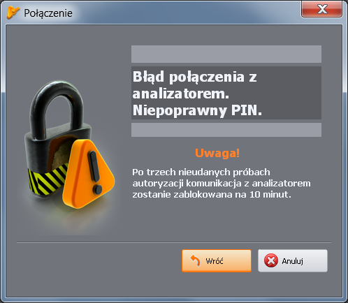 1 Instalacja i uruchomienie programu Rys. 10. Udane połączenie z analizatorem. Podanie błędnego PIN-u powoduje pokazanie okna z Rys. 11. Rys. 11. Błędny PIN.