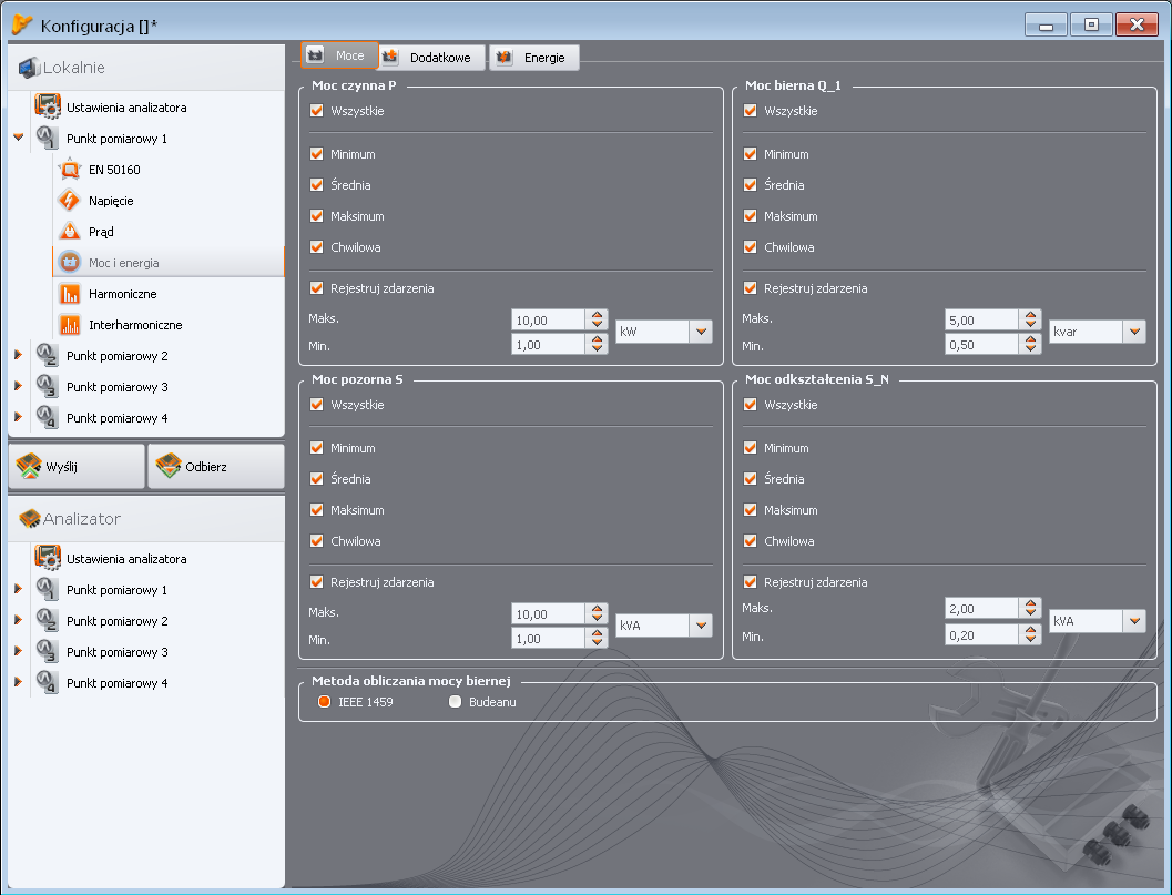 2 Konfiguracja pomiarowa analizatora Uwaga Zakładki te są niedostępne, jeżeli w konfiguracji głównej punktu pomiarowego wyłączono pomiar prądu poprzez wybranie z listy TYP CĘGÓW pozycji BRAK. 2.2.6.