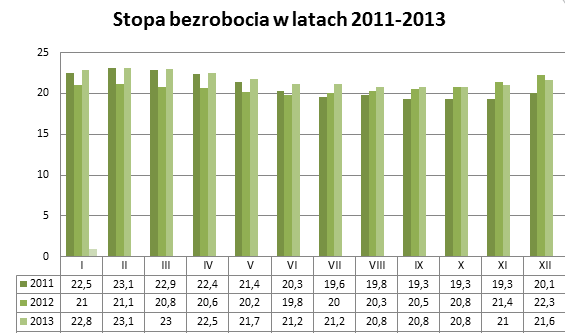 1.2.STOPA BEZROBOCIA Stopa bezrobocia na dzień 31 grudnia 2013 r. wynosiła 21,6% i zmniejszyła się w porównaniu do analogicznego okresu 2012 roku o 0,7 punktu procentowego.