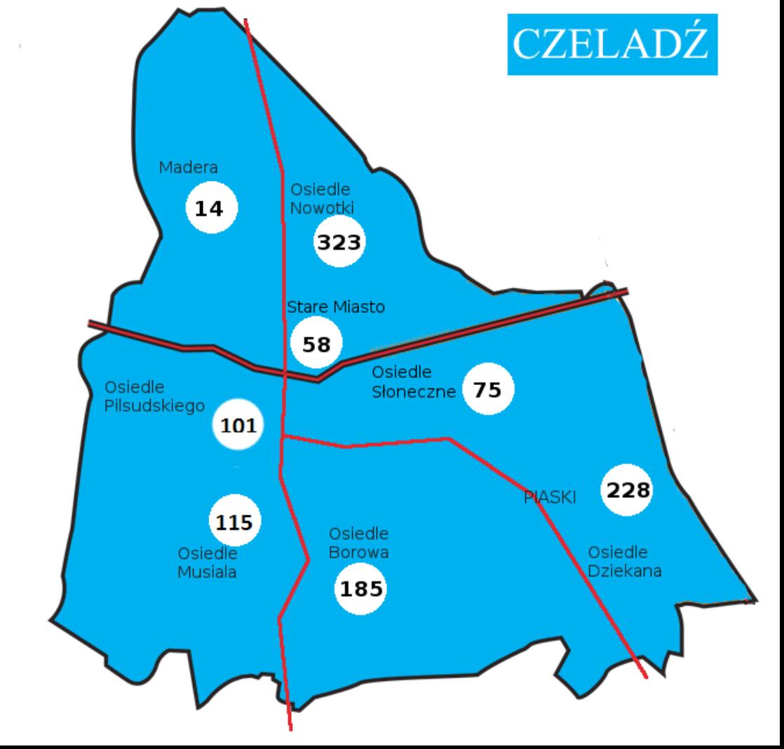 Mapa 1. Przestrzenna mapa rodzin korzystających z pomocy społecznej.