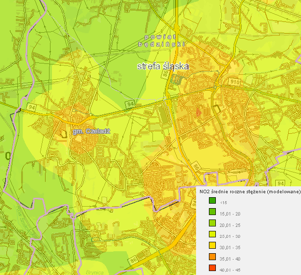 Najwyższe stężenie dobowe SO2 85,01-95 µg/m 3 105,01-115 µg/m 3 85,01-95 µg/m 3 105,01-115 µg/m 3 95,01-105 µg/m 3 Źródło: Geoportal Województwa Śląskiego http://www.orsip.