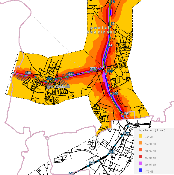 Mapa 8. Emisja hałasu na terenach przyległych do dróg krajowych w gminie miejskiej Czeladź 86 Źródło: Geoportal Województwa Śląskiego http://www.orsip.