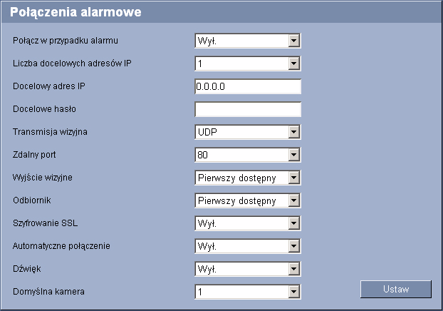 60 pl Konfgurowane za pomocą przeglądark secowej VIP X1600 5.22 Połączena alarmowe Użytkownk może wybrać, w jak sposób moduł VIP X1600 będze reagował na sygnał alarmowy.