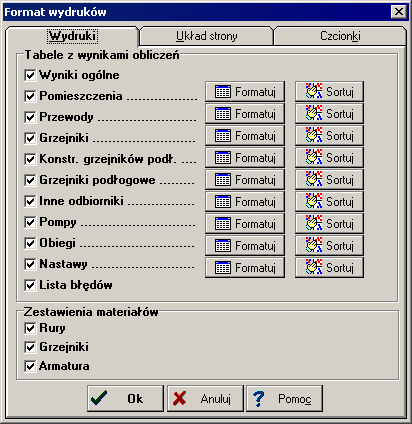 Radson C.O. 3.5 10.1.22.1Format wydruków / Wydruki - karta Dialog Format wydruków - karta Wydruki Karta służy do wyboru oraz formatowania i sortowania tabel przeznaczonych do druku.