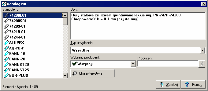 Radson C.O. 3.5 10.1.27 Katalog rur - dialog Dialog służy do wyboru symbolu katalogowego rur.