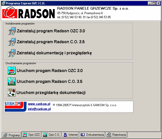 Radson C.O. 3.5 3 Instalowanie programu Instalację programu należy rozpocząć od uruchomienia systemu Windows. Następnie do napędu CD-R należy włożyć płytę z programem.