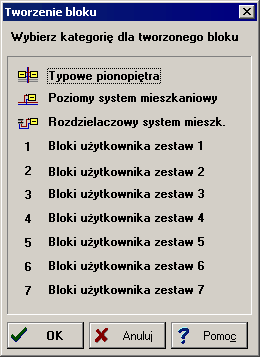 Radson C.O. 3.5 10.1.53 Tworzenie bloku - dialog Dialog jest wywoływany podczas tworzenia nowego bloku graficznego kategorii do której ma być zaliczony blok.