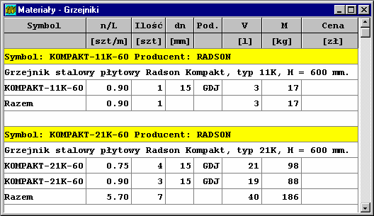 Radson C.O. 3.5 10.3.9 Materiały - Grzejniki - tabela Tabela zawiera zestawienie grzejników wykorzystanych w projektowanej instalacji.