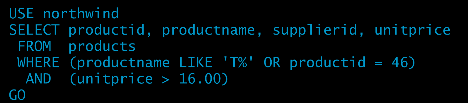 Użycie operatorów logicznych - ćwiczenie Porównaj wyniki USE northwind SELECT productid, productname, supplierid, unitprice FROM products WHERE (productname LIKE 'T%' OR productid =