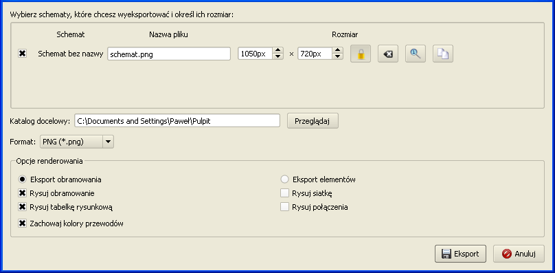 5. Eksport schematów QElectroTech umożliwia eksport schematów do plików graficznych takich jak: PNG (*.png), JPEG (*.jpg), bitmapa (*.bmp), SVG (*.svg).