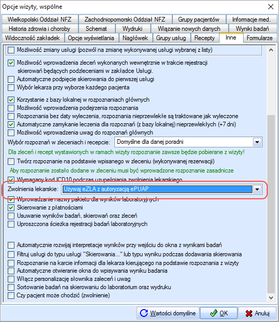 Opcja ma trzy możliwe wartości. Pierwsza, domyślna wartość określa iż lekarz korzysta nadal z papierowych druków ZLA.