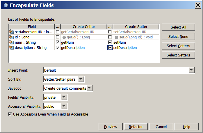 c) Dodaj w klasie Bug (poniżej pola id) dwa prywatne pola num typu String i description typu String @Entity @Table(name = "BUGS") public class Bug implements Serializable {.