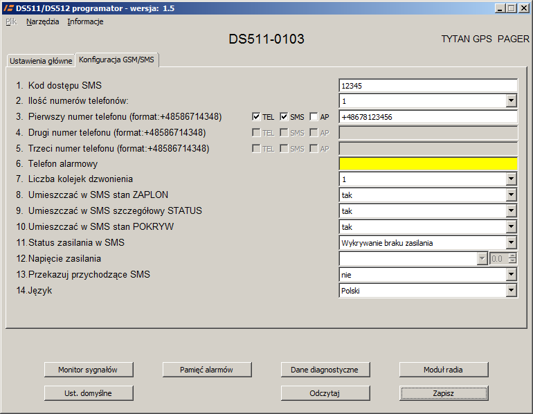 5. KONFIGURACJA PARAMETRÓW POWIADAMIANIA GSM Zakładka "Konfiguracja GSM/SMS" umożliwia ustawienie parametrów związanych z powiadamianiem GSM: : programowanie numerów telefonów powiadamianych o