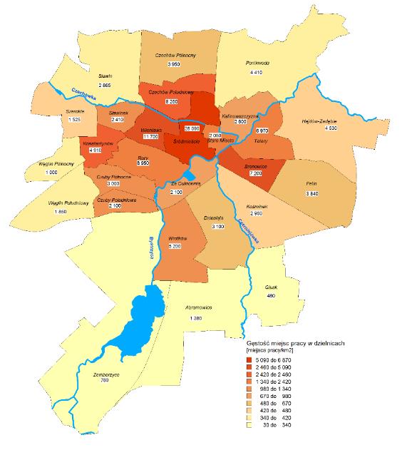 LUBELSKIE STANDARDY PIESZE. KIERUNKI ROZWOJU RUCHU PIESZEGO W LUBLINIE 17 Rys. 0.6. Szacunki rozmieszczenia miejsc pracy w dzielnicach Lublina i ich gęstość (stan na 2012) [miejsca pracy/km 2 ].