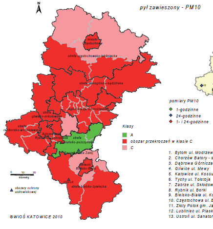 Mapa 2.4 Powiat mikołowski na tle mapy klasyfikacji stref stanowisk pyłu zawieszonego PM10 Źródło: Stan środowiska w województwie śląskim w 2009 r., WIOŚ w Katowicach, Katowice 2010 r.