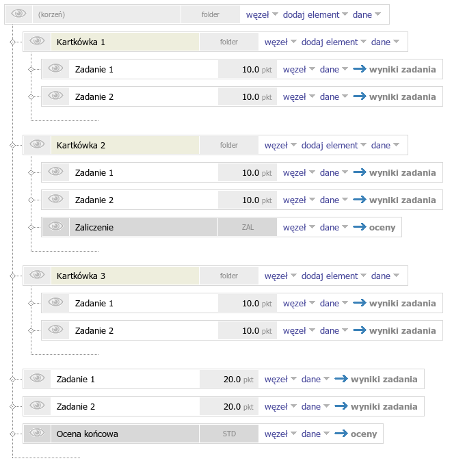 Teraz kolejno dodajmy pozostałe elementy, później zajmiemy się ich odpowiednią edycją. Potrzebujemy jeszcze dwóch kartkówek, dwóch zadań i oceny końcowej.