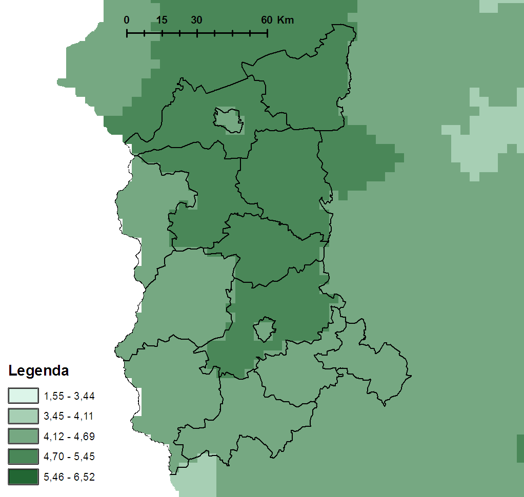 AZOT AMONOWY Rys. 7. Roczne ładunki jednostkowe azotu amonowego [w kg N/ha] wniesione przez opady atmosferyczne w 2014 r.