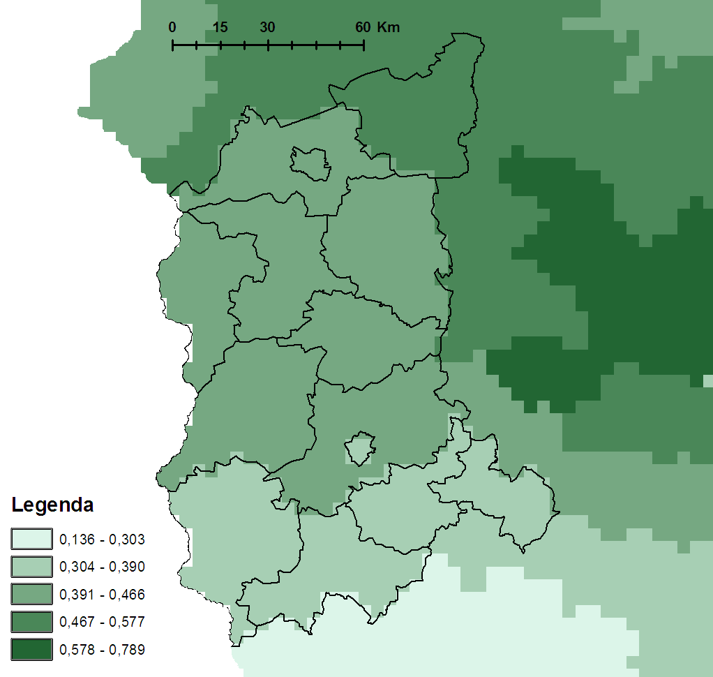 FOSFOR OGÓLNY Rys. 9. Roczne ładunki jednostkowe fosforu ogólnego [w kg P/ha] wniesione przez opady atmosferyczne w 2014 r.