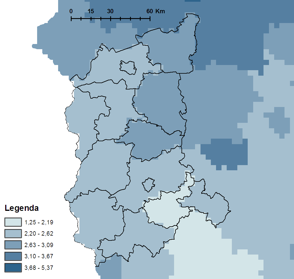 SÓD Rys. 10. Roczne ładunki jednostkowe sodu [w kg Na/ha] wniesione przez opady atmosferyczne w 2014 r.