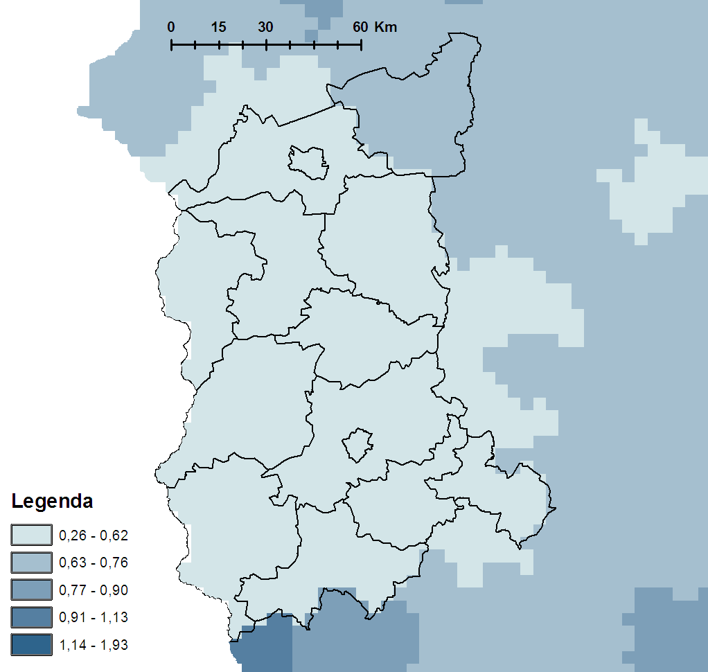 MAGNEZ Rys. 13. Roczne ładunki jednostkowe magnezu [w kg Mg/ha] wniesione przez opady atmosferyczne w 2014 r.