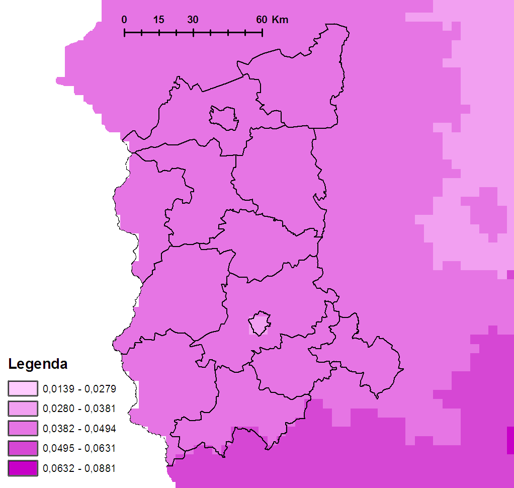 MIEDŹ Rys. 15. Roczne ładunki jednostkowe miedzi [w kg Cu/ha] wniesione przez opady atmosferyczne w 2014 r.