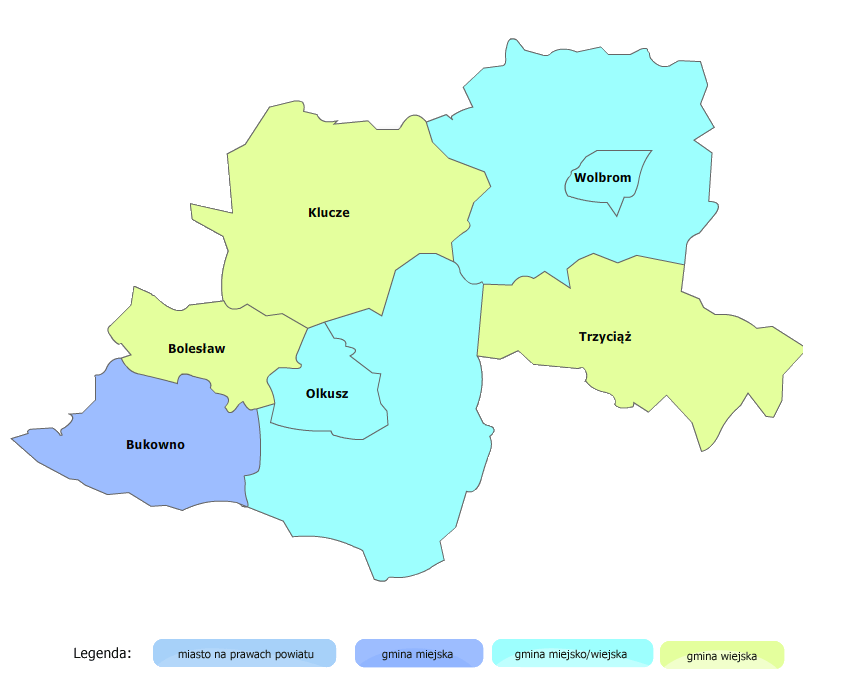 Gmina Klucze: Gmina Klucze jest gminą wiejską znajdującą się w północnej części powiatu. Ma ona powierzchnię 11 950 ha i zajmuje 19,3% powiatu.
