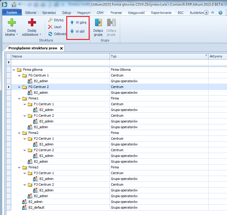 2.2.2. Ustalanie kolejności wyświetlania centrów W wersji 2015.0 dodana została możliwość ustalania kolejności wyświetlania centrów znajdujących się na tym samym poziomie drzewa struktury firmy.