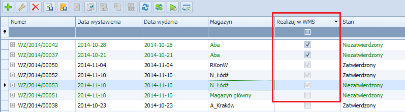 Rysunek 127 Niezatwierdzony dokument Przyjęcia zewnętrznego Informacja o dokumencie przekazanym lub nie do realizacji przez WMS dostępna jest również z poziomu listy dokumentów w kolumnie: Realizuj w