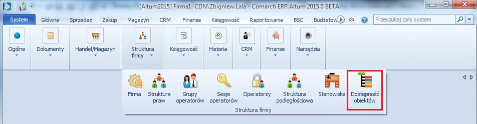 2.2.3. Zarządzanie dostępnością obiektów W wersji 2015.0 dodane zostało dedykowane okno, w którym użytkownik może zarządzać dostępnością obiektów w ramach poszczególnych centrów struktury firmy.