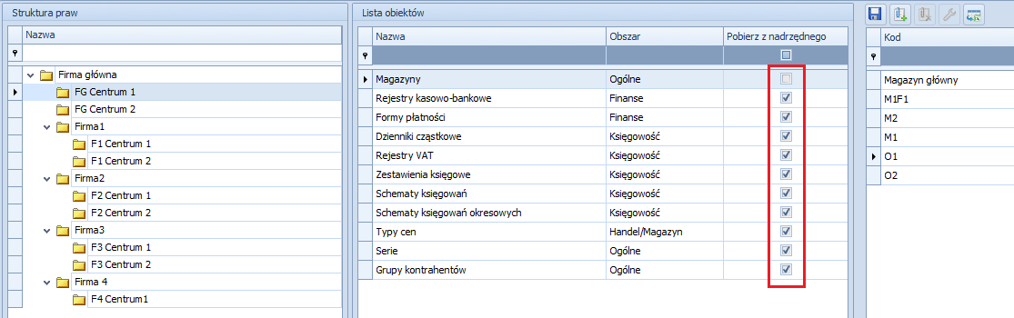 Formy płatności; Dzienniki cząstkowe; Rejestry VAT; Zestawienia księgowe; Schematy księgowań; Schematy księgowań okresowych; Typy cen; Serie; Grupy kontrahentów; Grupy artykułów.