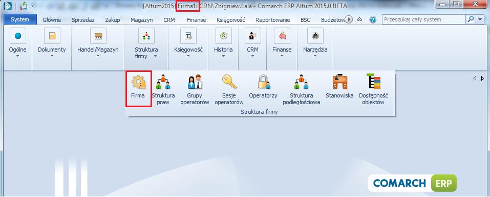 Konfiguracja/Struktura firmy zostało zmienione w ten sposób, że po jego naciśnięciu do edycji podnoszony jest formularz firmy,