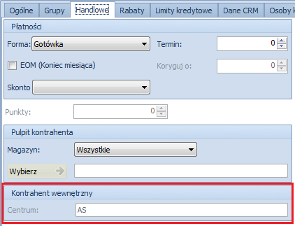Rysunek 26 Wskazanie kontrahenta wewnętrznego w centrum typu: Firma Informacja o powiązaniu z firmą jest również wyświetlana w karcie kontrahenta w zakładce: Handlowe.