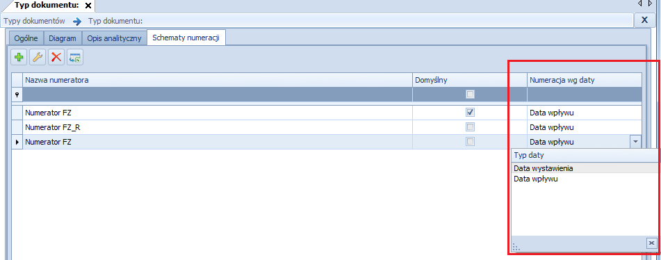 7.2. Ustalanie daty dla numeratora na dokumentach przychodowych W wersji 2015.0 dla dokumentów przychodowych wprowadzona została możliwość ustalania, która data ma być pobierana do numeratora.