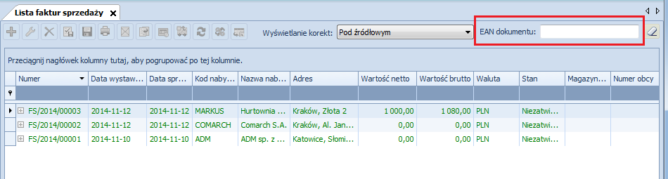 Rysunek 43 Pole do wprowadzenia kodu EAN dokumentu Jeżeli dokument znajduje się w systemie i jest dostępny dla operatora, to po wprowadzeniu kodu EAN automatycznie zostanie on podniesiony do edycji.