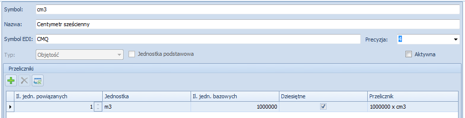 Rysunek 68 Słownik Typy jednostek miar Z poziomu zakładki Konfiguracja -> Jednostki miar, użytkownik może sprawdzić wszystkie jednostki zdefiniowane w systemie oraz ma możliwość zdefiniowania nowych