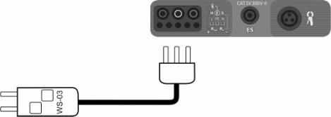 3.7.2 Pomiary przewodami z wtykiem UNI-Schuko (WS-03 i WS-04) Ustawienia Przełącznik obrotowy wyboru funkcji ustawić na pozycji R ISO. Podłączyć przewód WS-03 lub WS-04 z wtyczką sieciową UNI- Schuko.