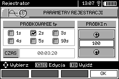 Przyciskami, wybiera się zestaw parametrów do rejestracji, przyciskiem ENTER zatwierdza., aby ustawić okres próbkowa- Nacisnąć przycisk F2 nia i ilość próbek.