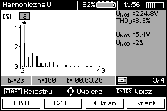 Podczas wyświetlania harmonicznych przyciskami, można wybrać nr harmonicznej, której