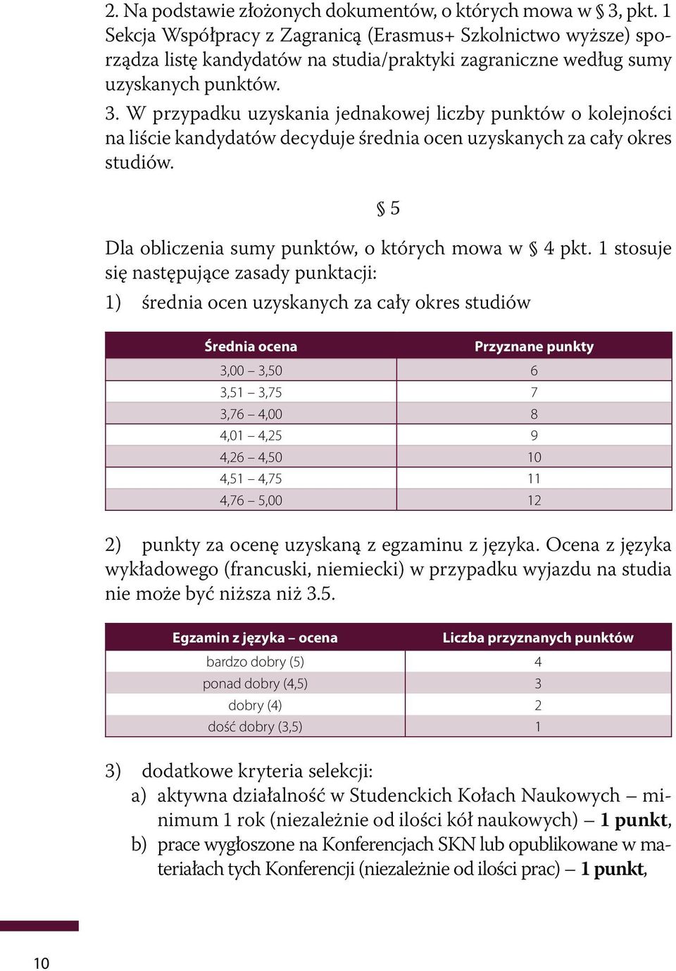 W przypadku uzyskania jednakowej liczby punktów o kolejności na liście kandydatów decyduje średnia ocen uzyskanych za cały okres studiów. 5 Dla obliczenia sumy punktów, o których mowa w 4 pkt.