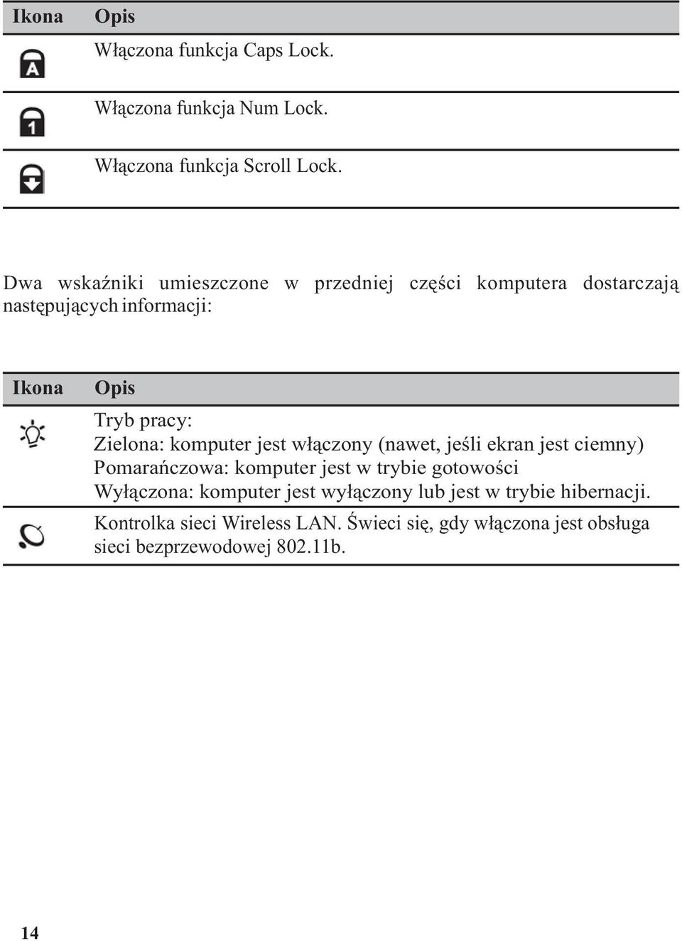 Zielona: komputer jest w³¹czony (nawet, jeœli ekran jest ciemny) Pomarañczowa: komputer jest w trybie gotowoœci Wy³¹czona: