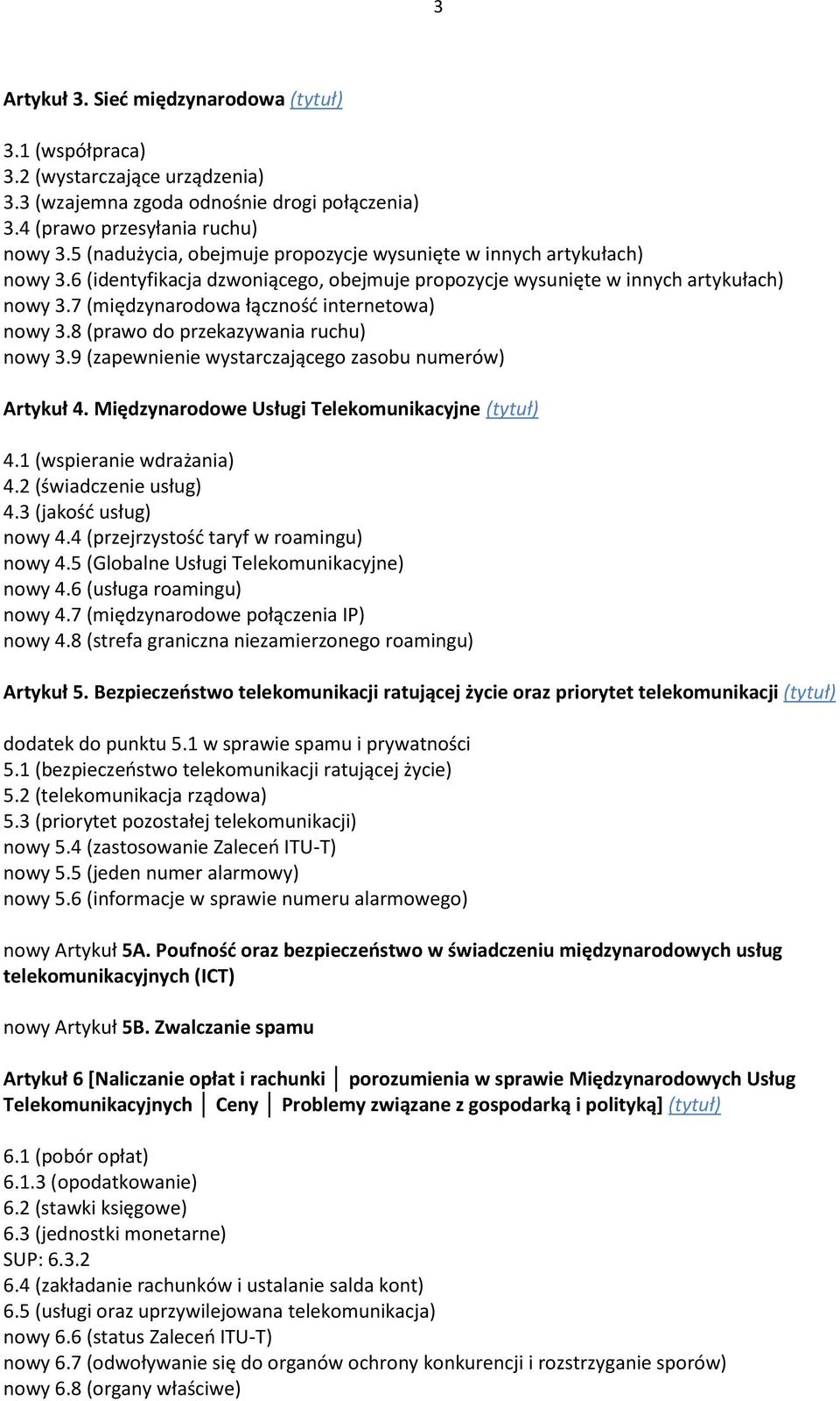 7 (międzynarodowa łączność internetowa) nowy 3.8 (prawo do przekazywania ruchu) nowy 3.9 (zapewnienie wystarczającego zasobu numerów) Artykuł 4. Międzynarodowe Usługi Telekomunikacyjne (tytuł) 4.