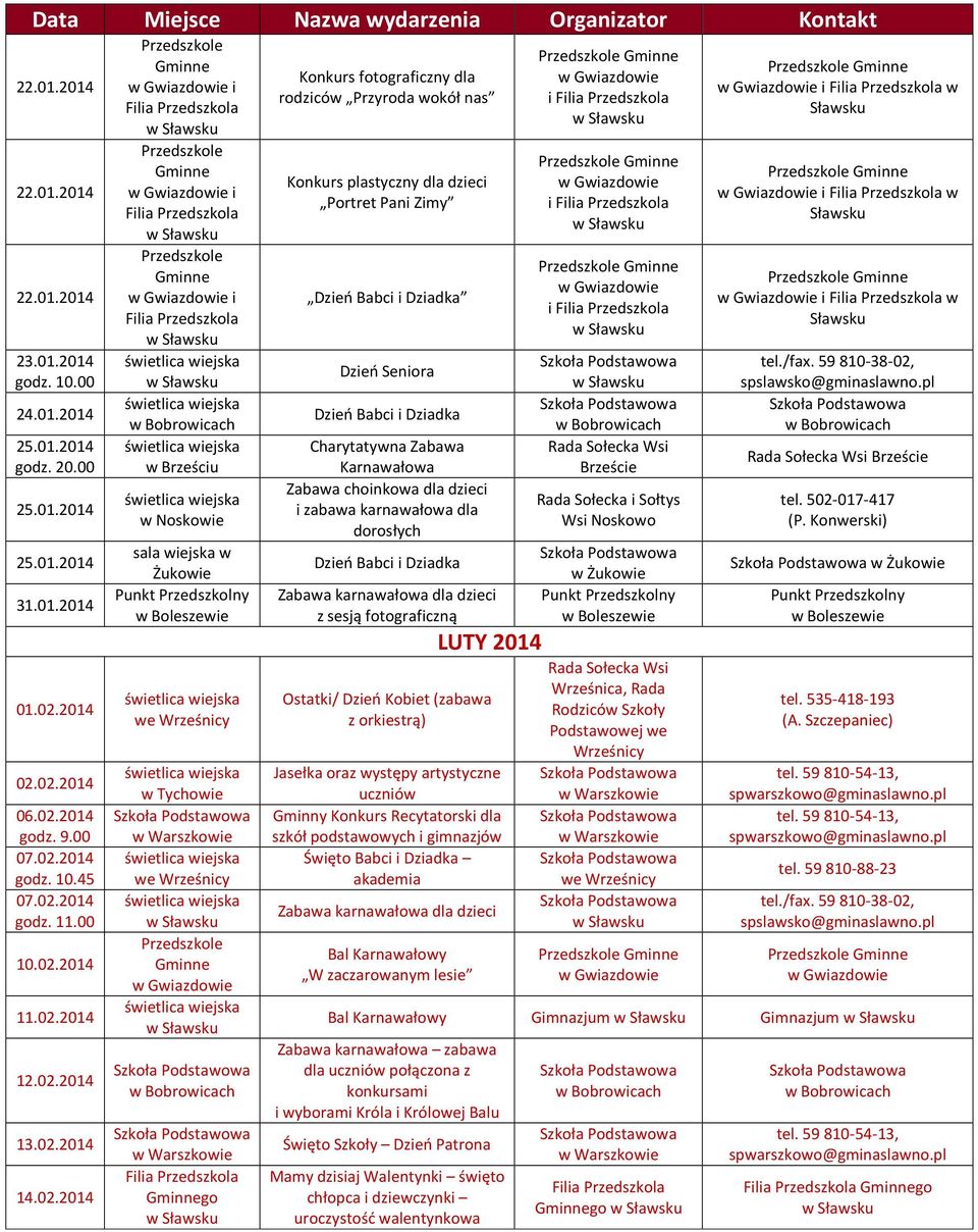 Przyroda wokół nas Konkurs plastyczny dla dzieci Portret Pani Zimy Dzień Babci i Dziadka Dzień Seniora Dzień Babci i Dziadka Charytatywna Zabawa Karnawałowa Zabawa choinkowa dla dzieci i zabawa