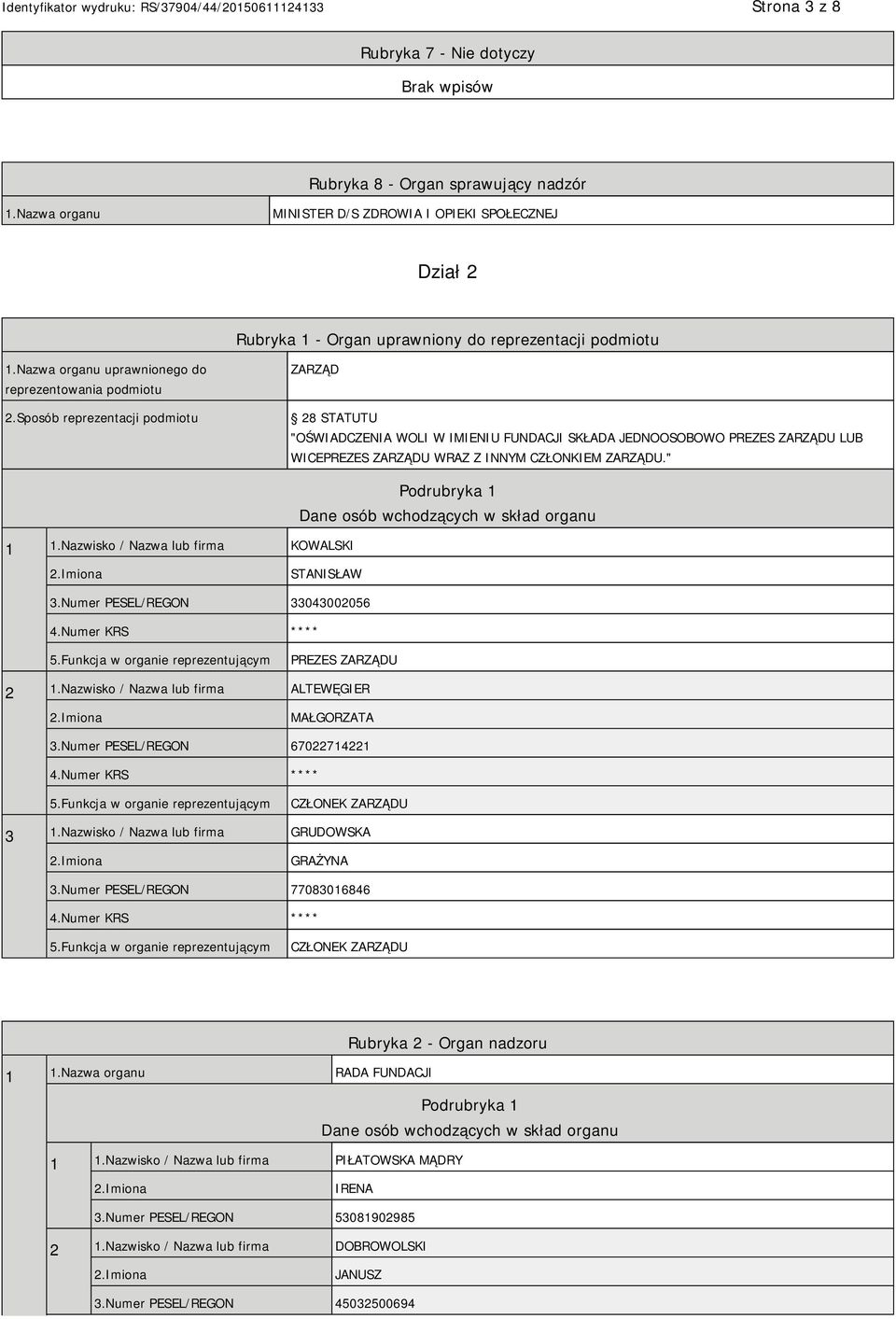 Sposób reprezentacji podmiotu ZARZĄD 28 STATUTU "OŚWIADCZENIA WOLI W IMIENIU FUNDACJI SKŁADA JEDNOOSOBOWO PREZES ZARZĄDU LUB WICEPREZES ZARZĄDU WRAZ Z INNYM CZŁONKIEM ZARZĄDU." 1 1.