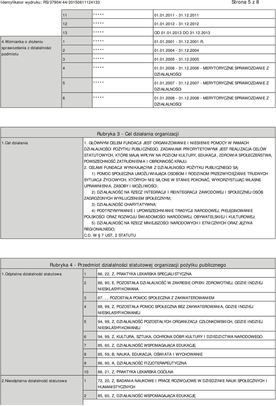 01.2008-31.12.2008 - MERYTORYCZNE SPRAWOZDANIE Z DZIAŁALNOŚCI Rubryka 3 - Cel działania organizacji 1.Cel działania 1.