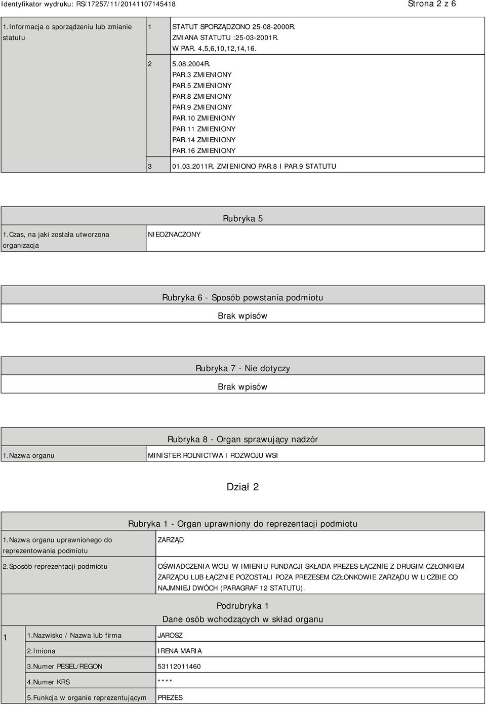 Czas, na jaki została utworzona organizacja NIEOZNACZONY Rubryka 6 - Sposób powstania podmiotu Rubryka 7 - Nie dotyczy Rubryka 8 - Organ sprawujący nadzór 1.