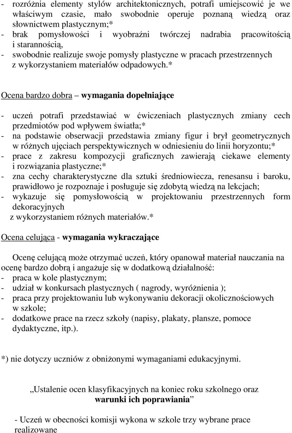 * Ocena bardzo dobra wymagania dopełniające - uczeń potrafi przedstawiać w ćwiczeniach plastycznych zmiany cech przedmiotów pod wpływem światła;* - na podstawie obserwacji przedstawia zmiany figur i