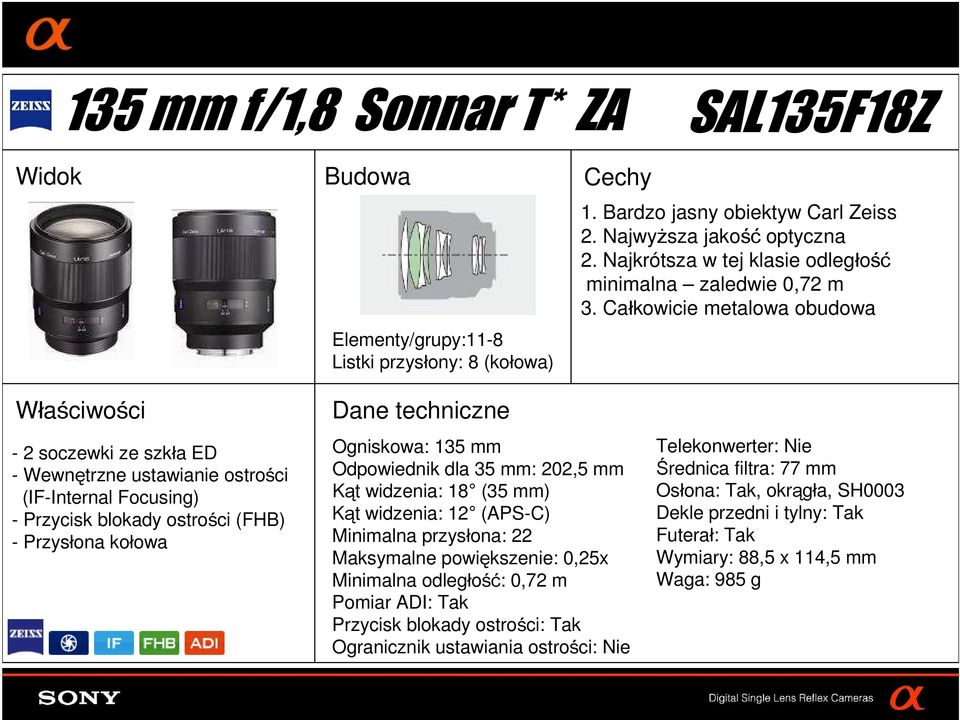 Całkowicie metalowa obudowa - 2 soczewki ze szkła ED - Wewnętrzne ustawianie ostrości (IF-Internal Focusing) - Przycisk blokady ostrości (FHB) Ogniskowa: 135 mm